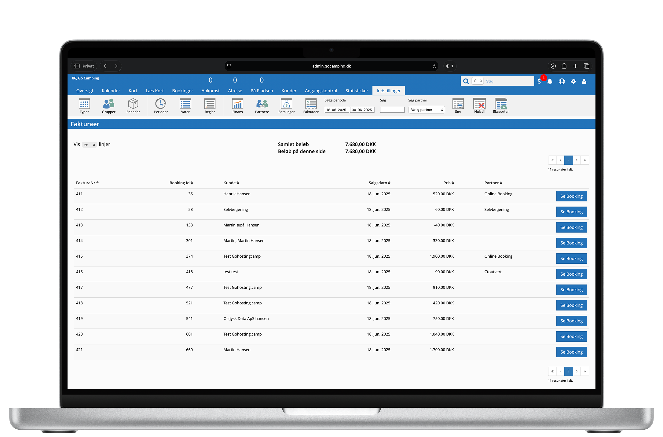 Oversigt over bookinger i GoCampings bookingsystem