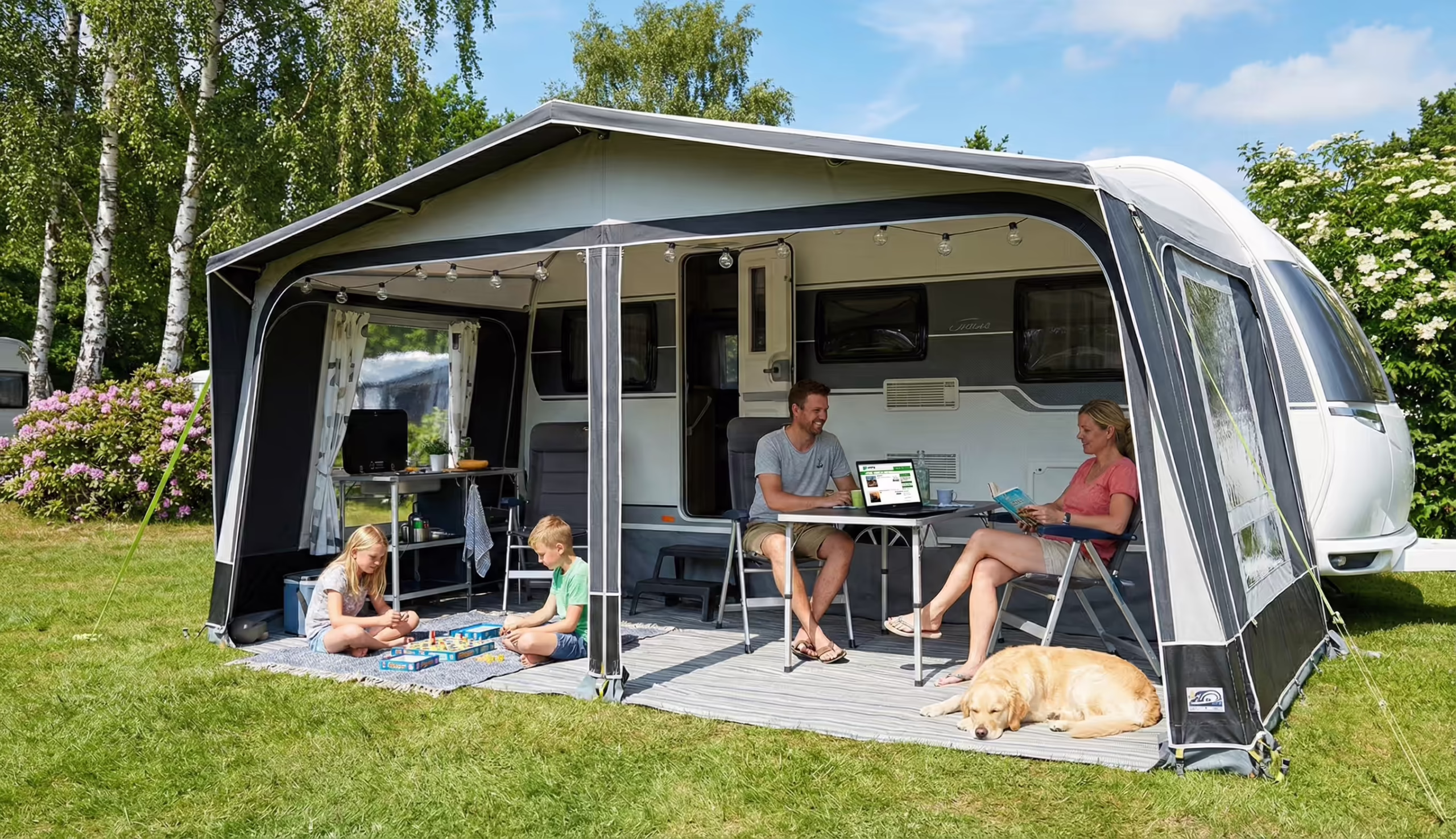 Familie slapper af ved campingvogn med fortelt og hund på campingferie.