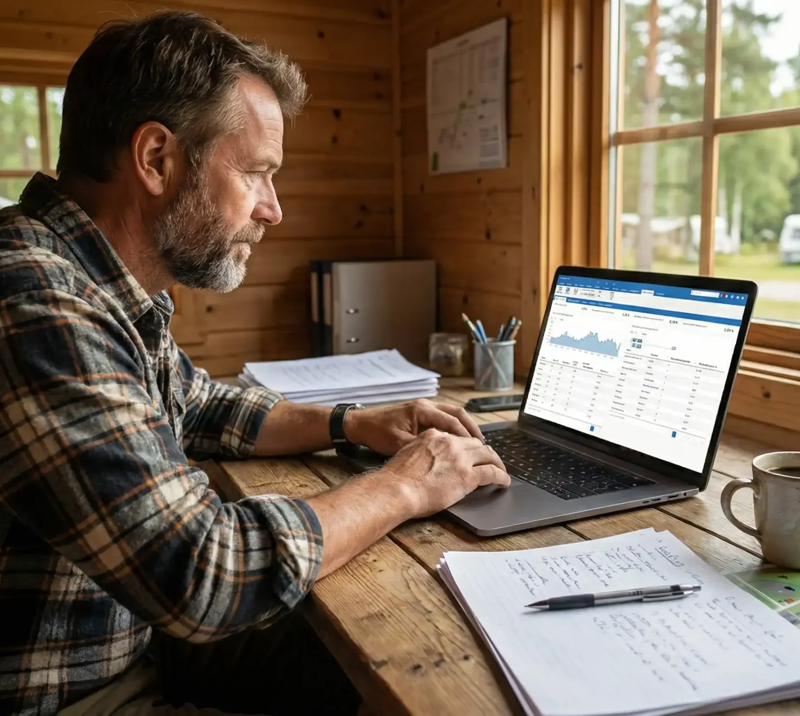 Vært på campingplads arbejder på laptop med bookingsystemet fra GoCamping åbent på dashboardet