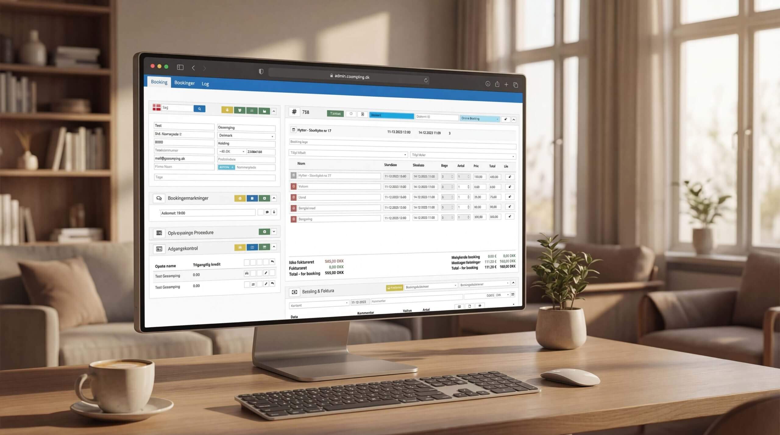 Skærm med online bookingsystem, der illustrerer brugerfladen til booking af pladser og hytter