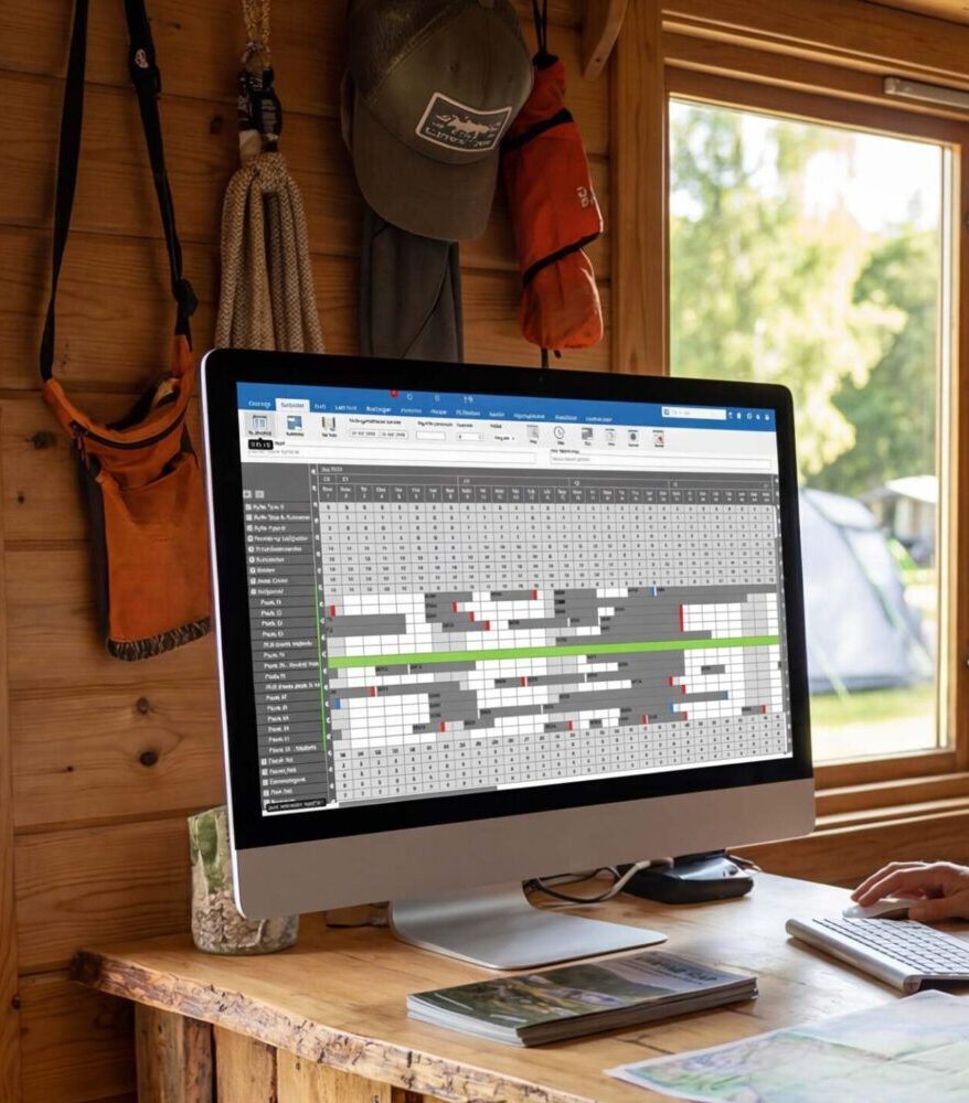 Skærm på bord i træhytte på campingplads med online bookingsystemet fra GoCamping der viser overblik over pladsbookinger