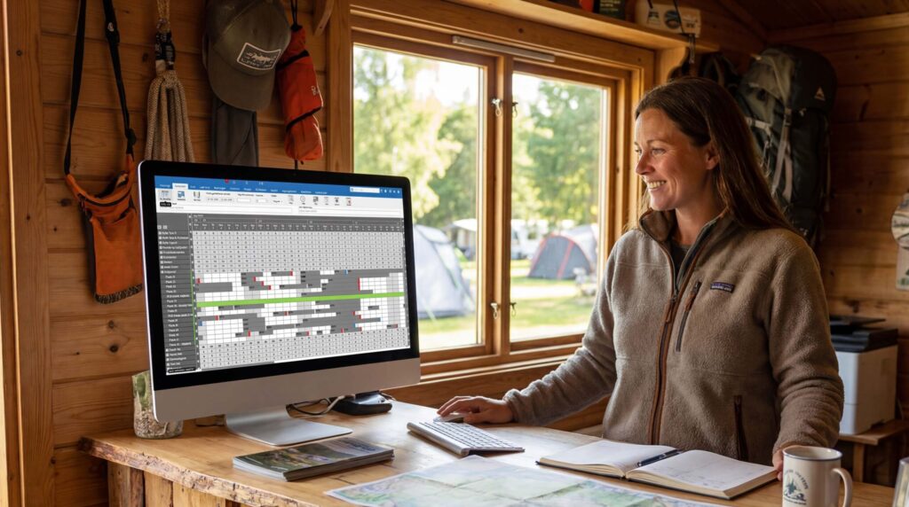 Vært på campingplads ser bookingoversigt på skærm Bookingsystem til campingpladser betjenes af en lejrchef i receptionen på en campingplads.