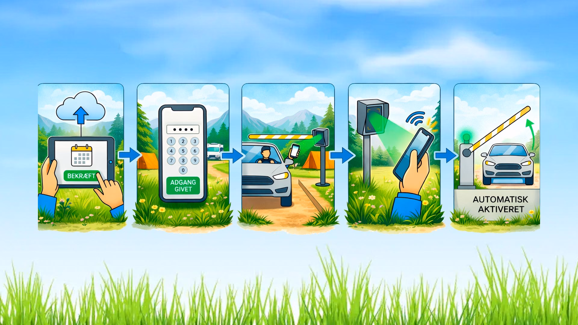 Infographic som viser gæsteservice for campister som booker og ankommer til campingpladser med GoCampings bookingsoftware.