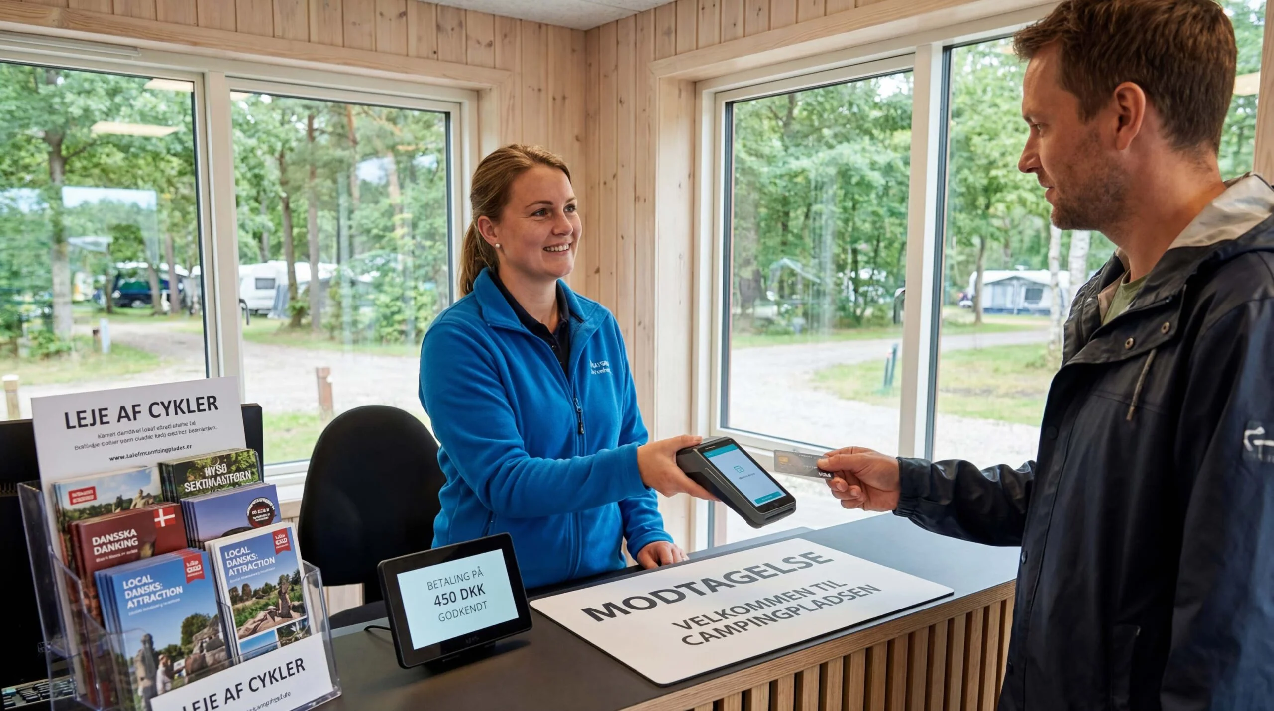 Gæst betaler med kort på betalingsterminal i receptionen på campingplads