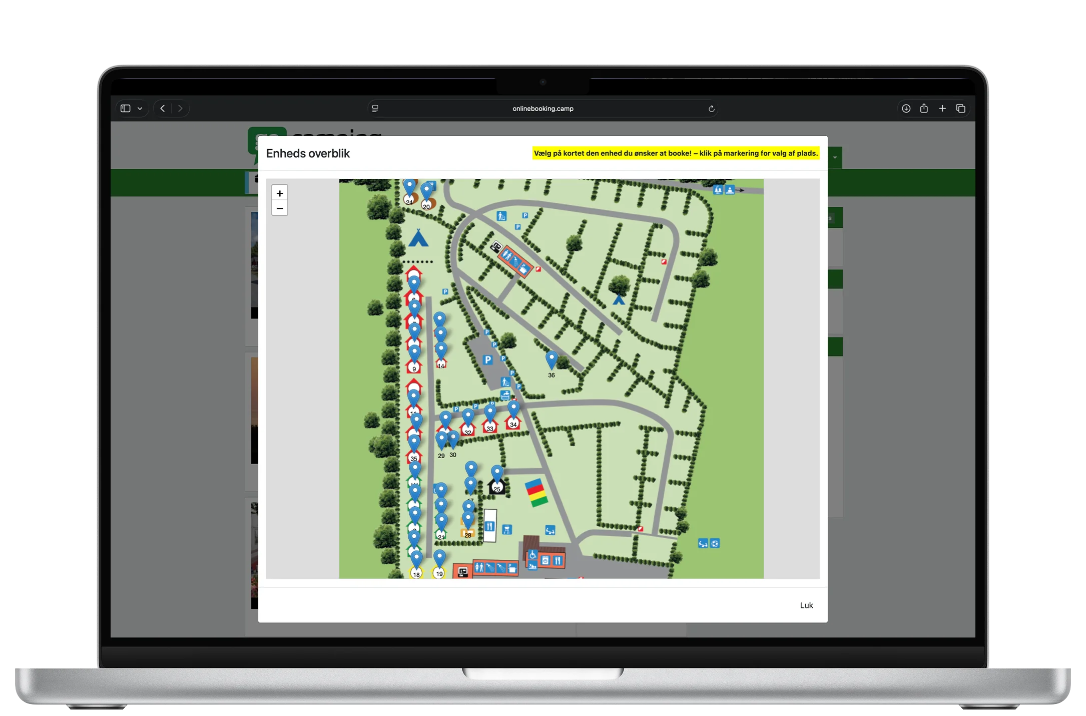 Digital pladsoversigt til campingplads fra GoCamping vises på en PC