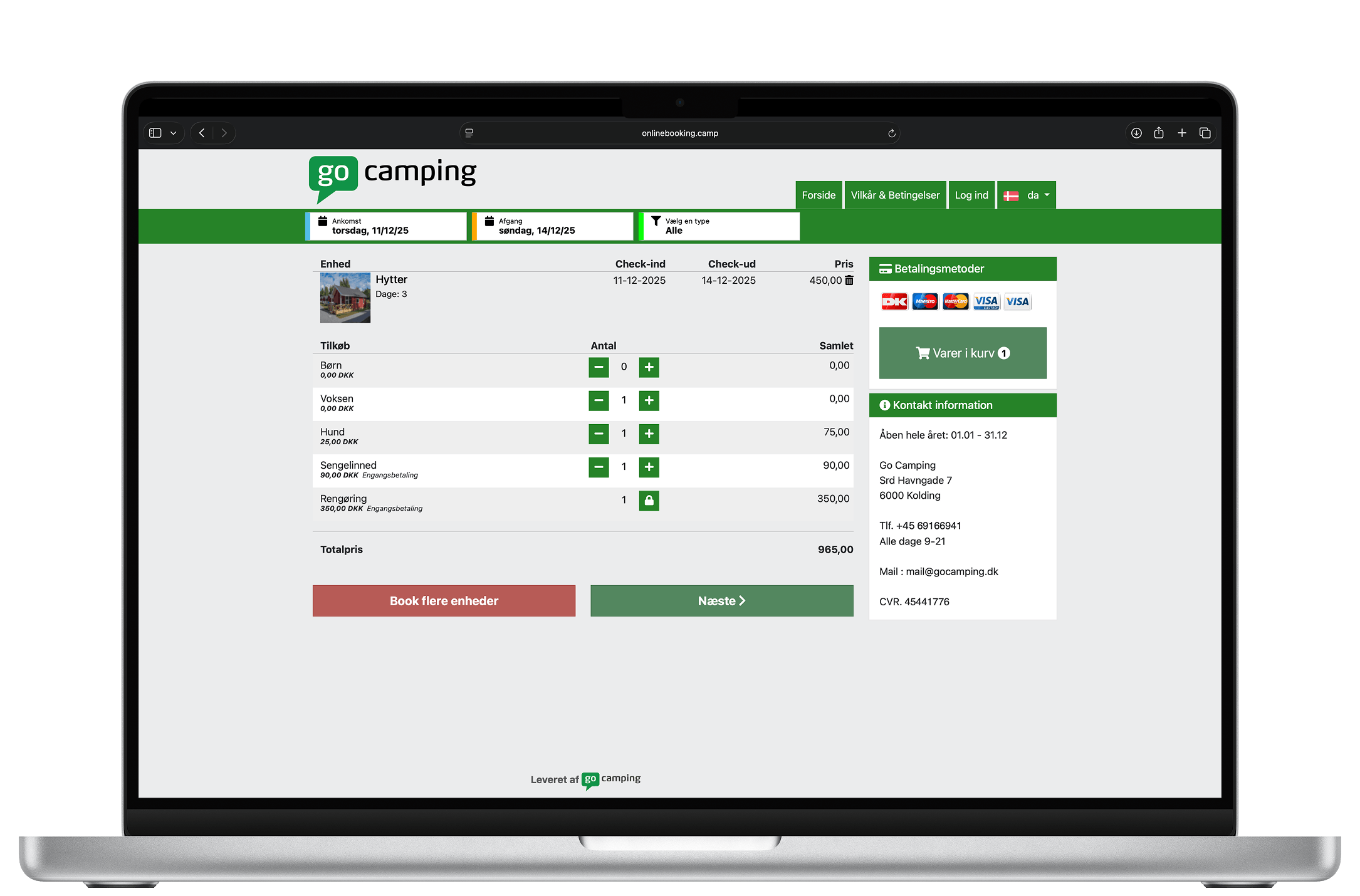 Skærmbillede af camping bookingsiden i GoCampings bookingsystem som er en vigtig del af hele brugerrejsen hos GoCamping.