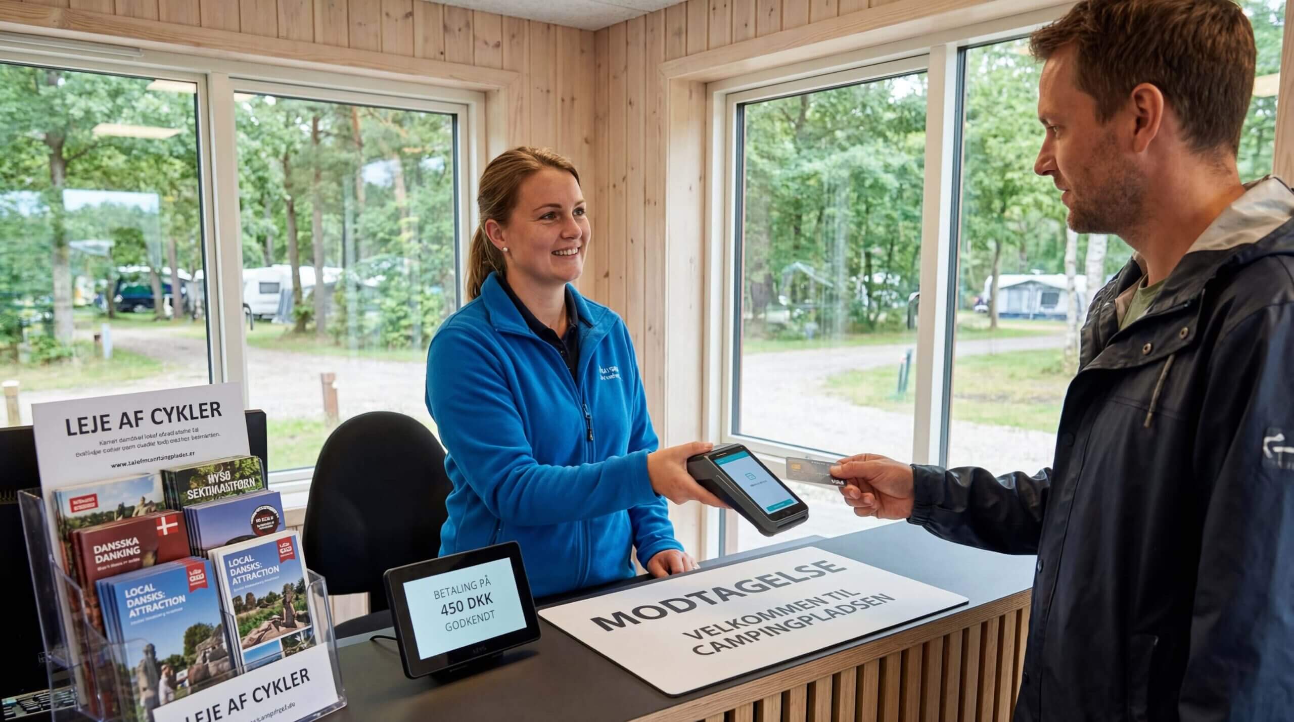 En kunde betaler via en betalingsterminal på en campingplads og Integrerer med bookingsystemet til campingpladser.