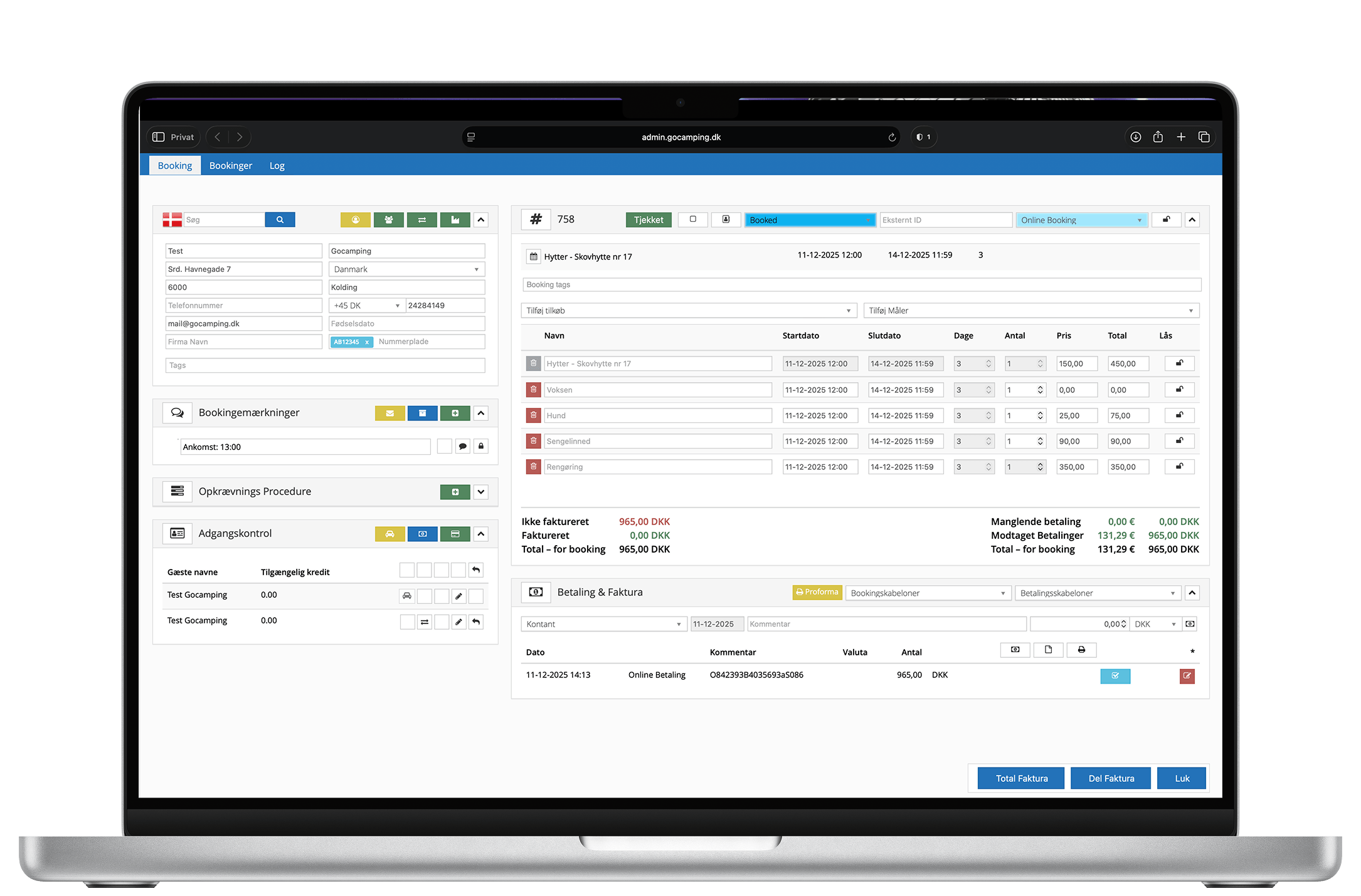 Dashboard for GoCampings bookingsystem til campingpladser vises på en bærbar PC
