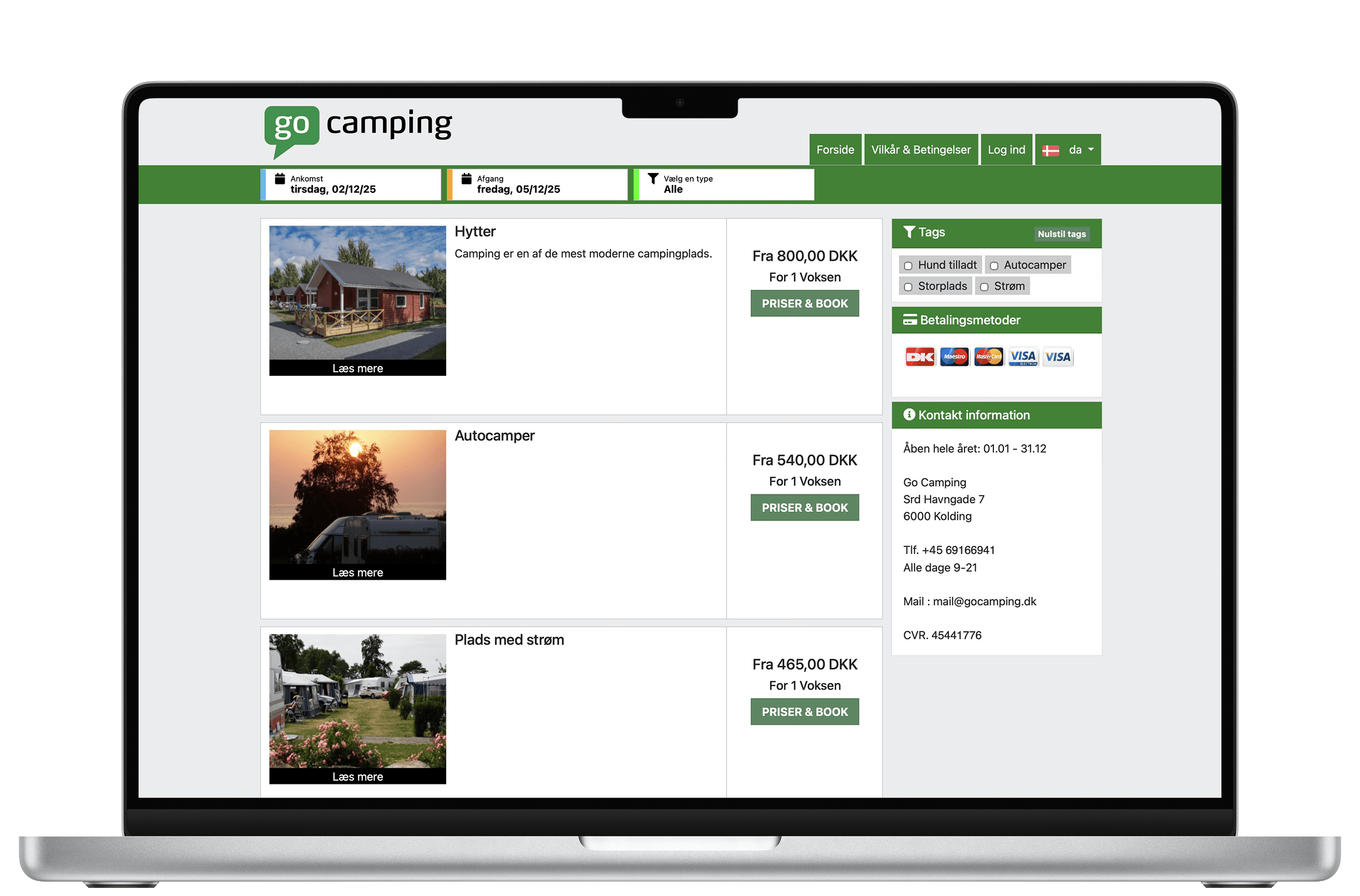 Bookingsiden til GoCampings bookingsystem til campingpladser vises på en laptop.