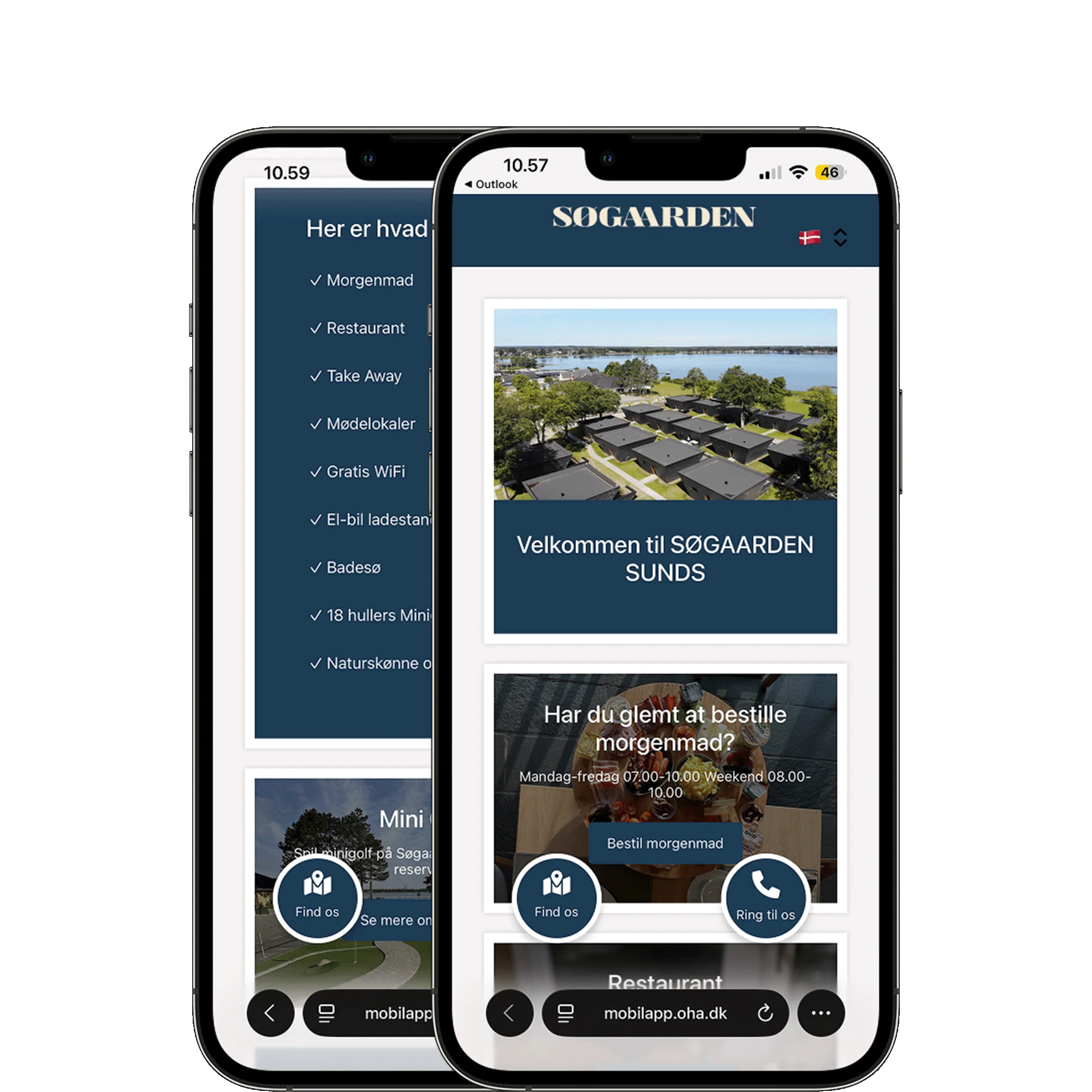 Gæsteportalen fra GoCamping vises på to mobiltelefoner. Brugerrejsen hos GoCamping er effektiviseret og strømlinet så gæsterne via app'en kan læse om det sted de har booket, bestille morgenmad, se hvad der er i nærheden og meget mere.