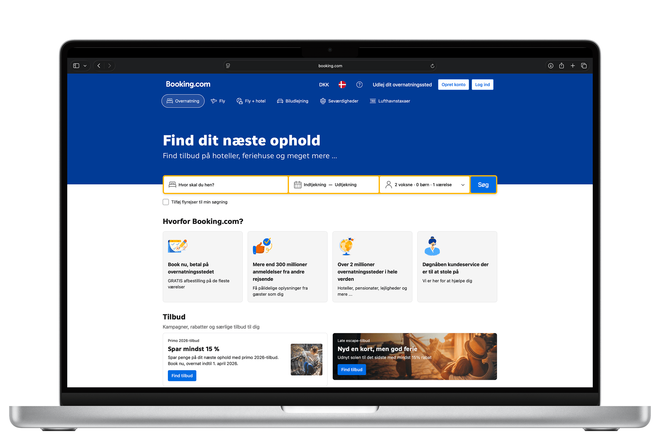 Booking.coms hjemmeside vises for at illustrere at booking.com kan integreres administrativt med GoCamping bookingsystemet.