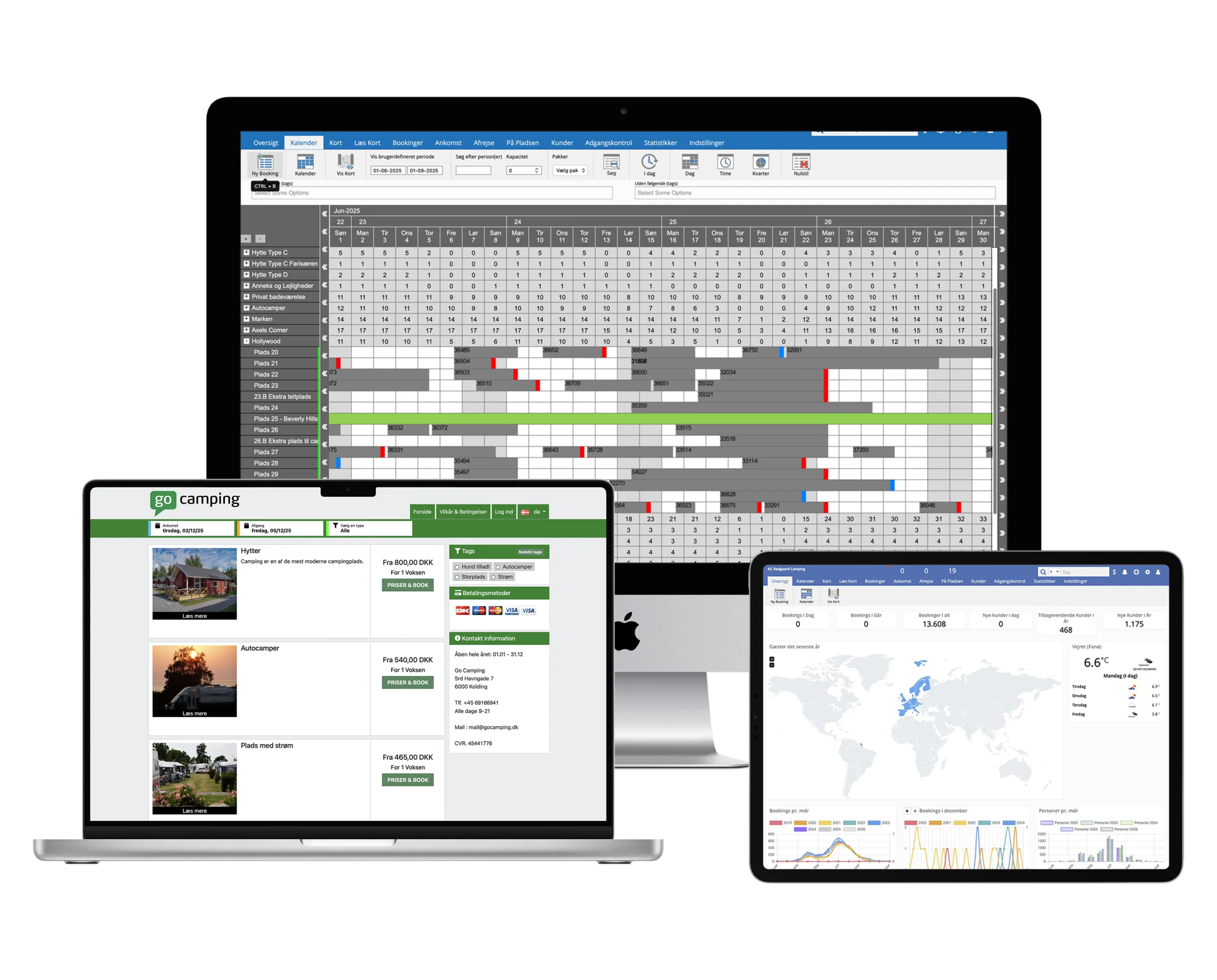Bookingsystemet til campingpladser vises på tre skærmtyper - nem integration med bomme, strømstandere og POS-systemer.