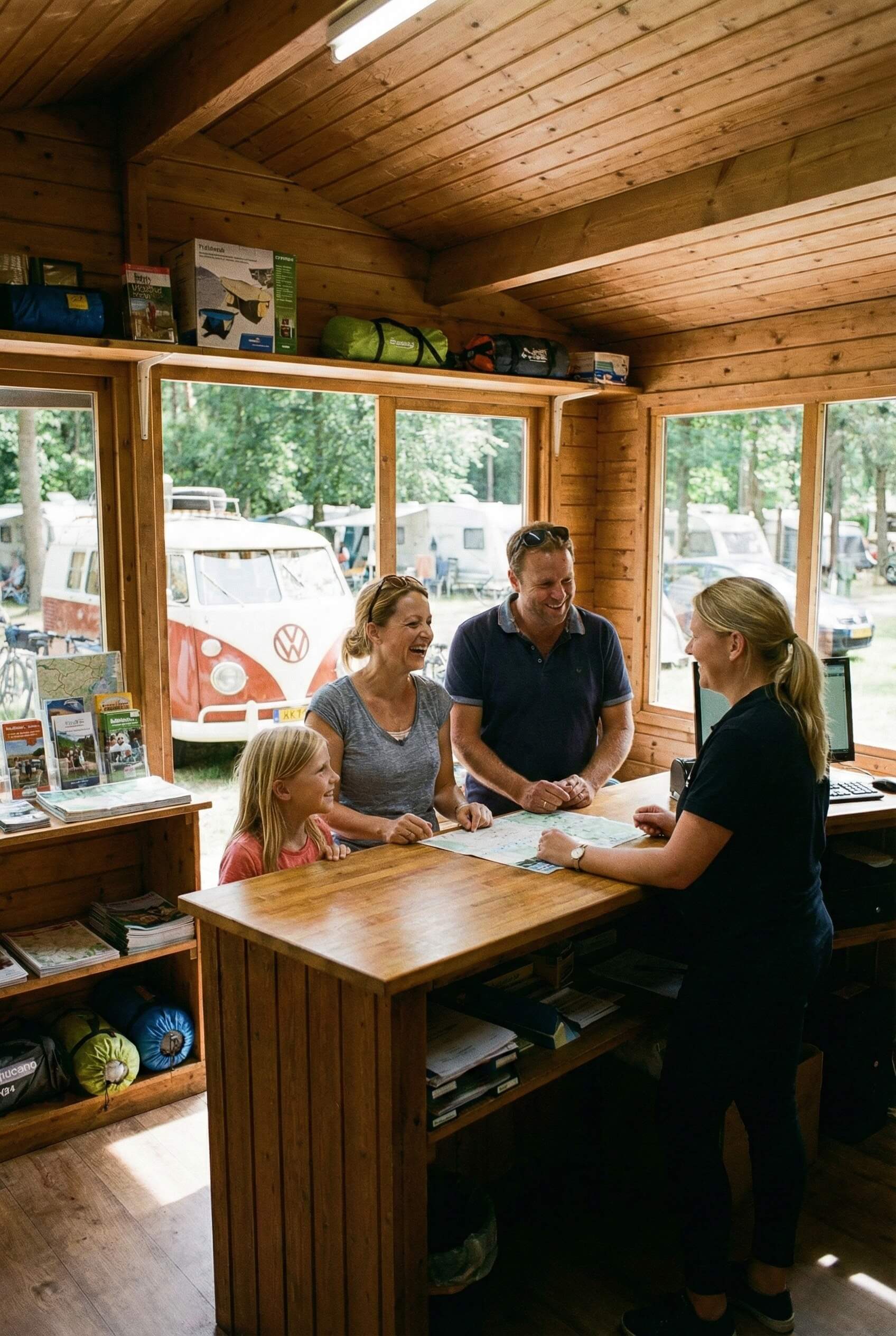 Familie på tre tjekker ud i reception på campingplads, hvor udtjekning håndteres via bookingsystem til campingpladser for en effektiv afslutning af opholdet.