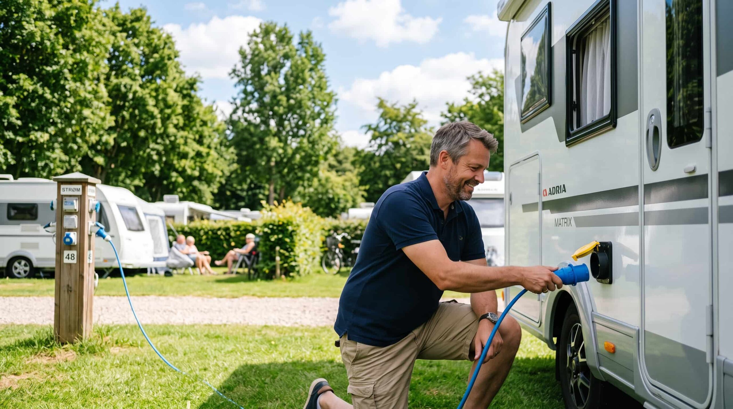 Mand tilslutter strøm på campingplads