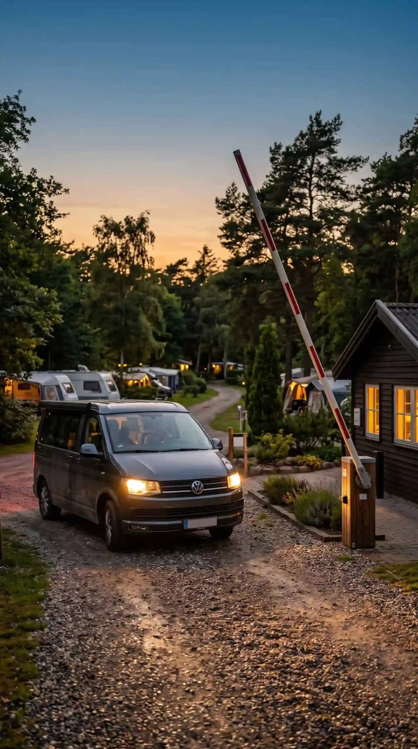 Autocamper ankommer til campingplads med automatisk bomanlæg