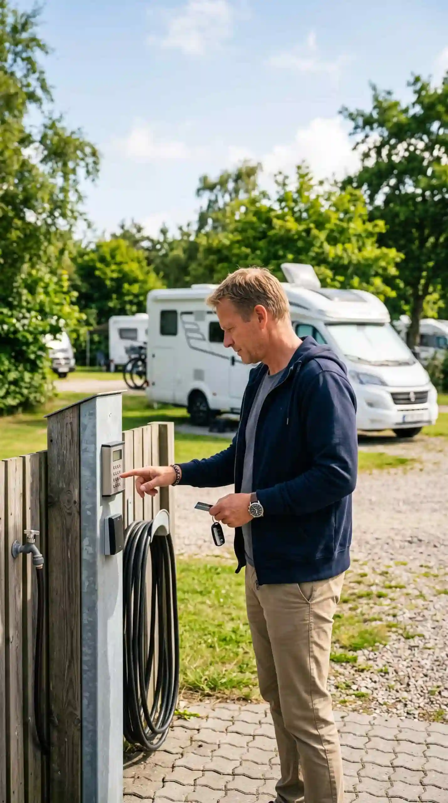 Campinggæst indtaster kode på adgangsboks til låge