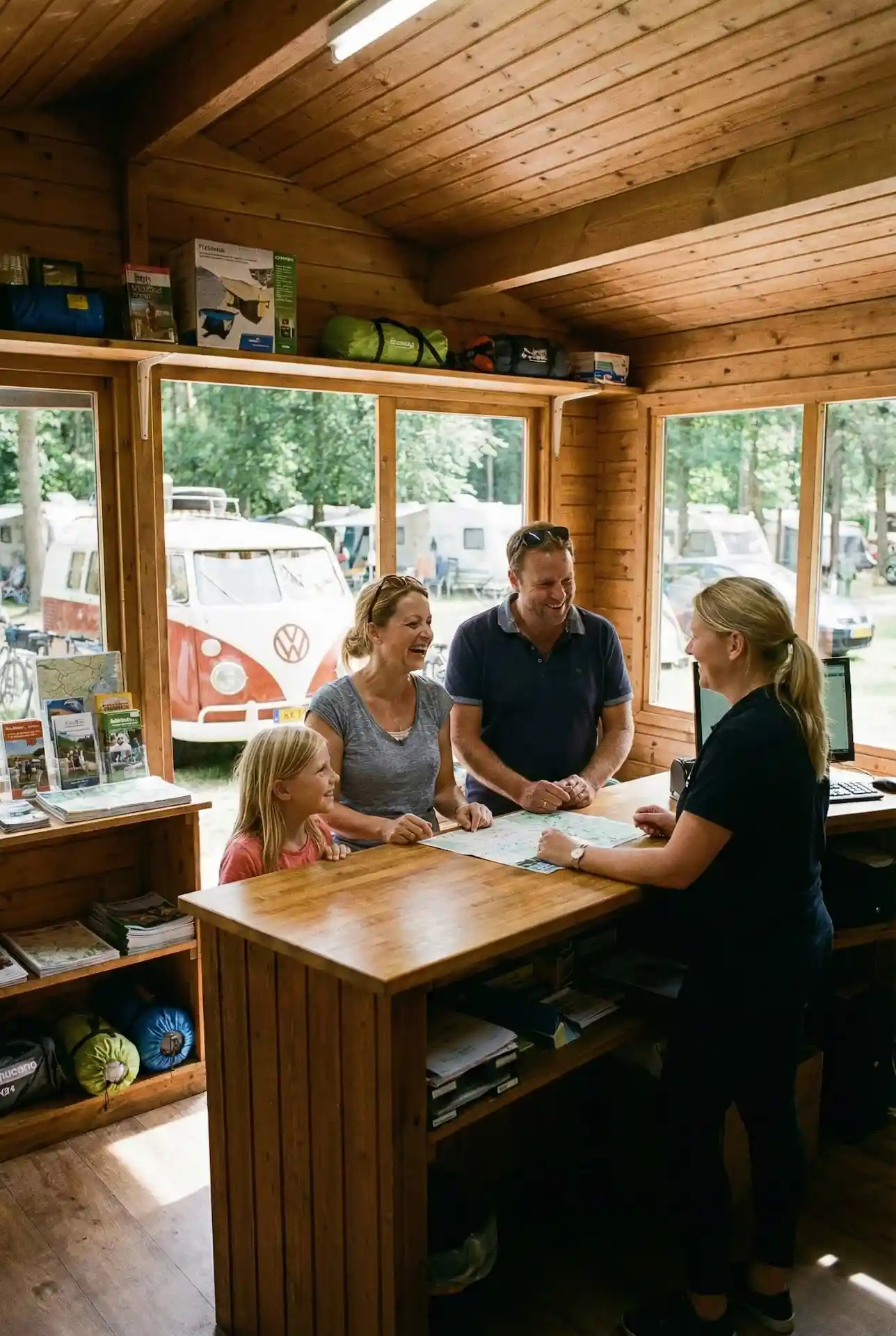 Familie og campingvært i receptionen ved GoCamping