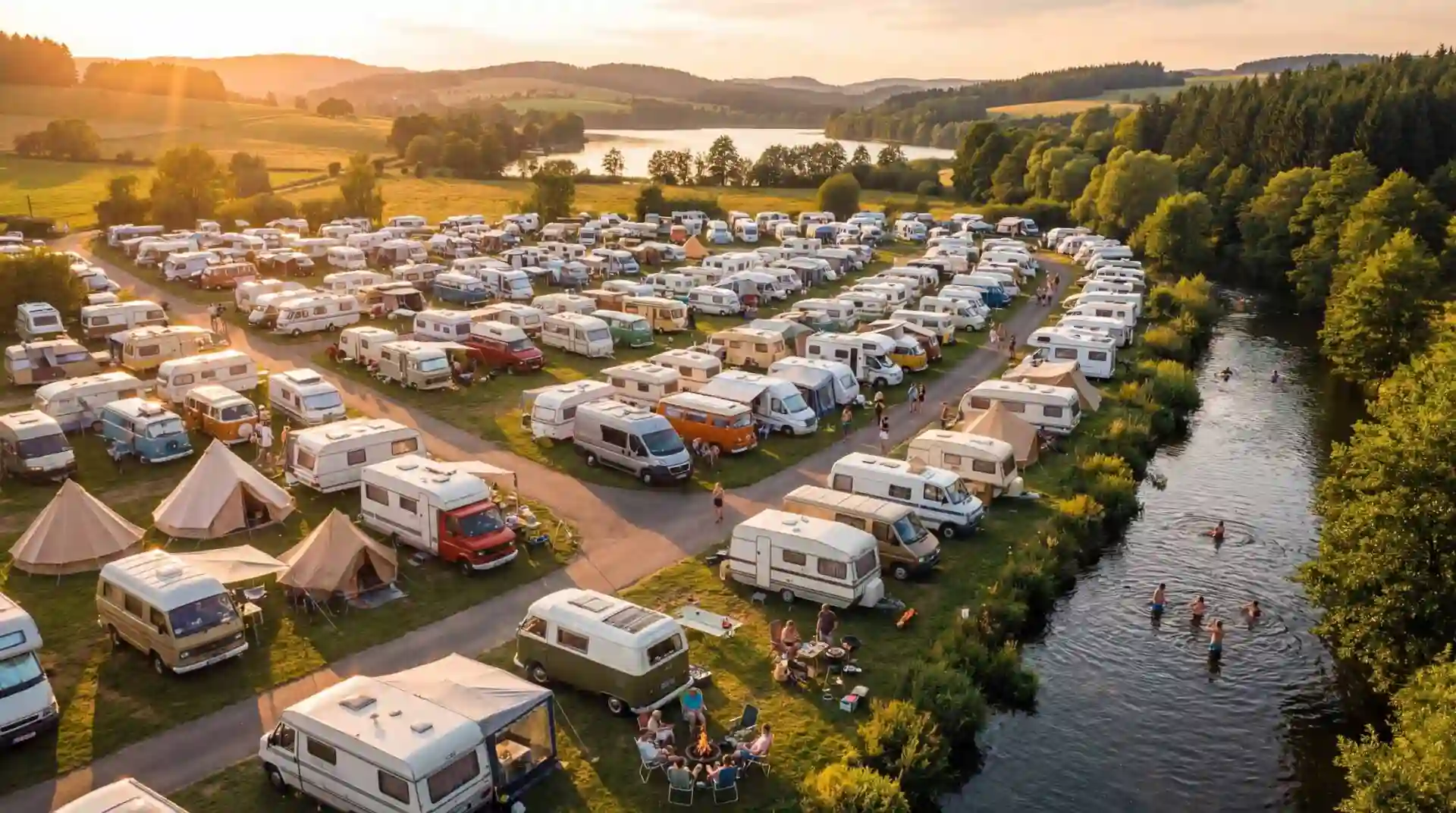 Idyllisk campingplads set fra luften med overblik over pladser, faciliteter og belægning styret af bookingsystem til campingpladser.