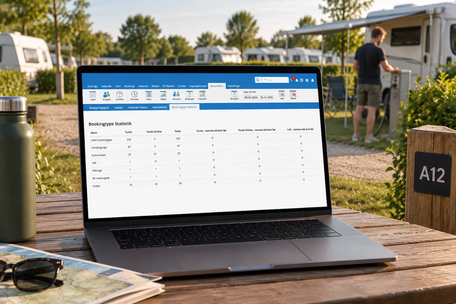 Bookingdata, pladsoversigtb og POS vist i UI på PC