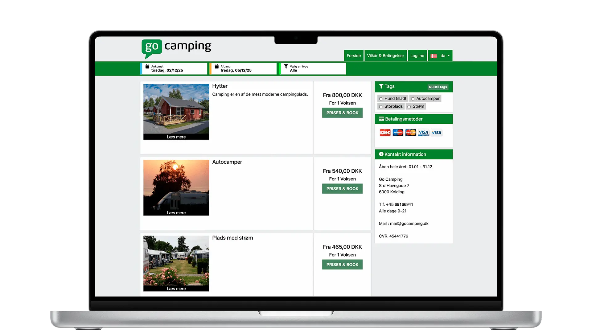 Skærmbillede af bookingsiden på en campingplads fra GoCampings bookingsystem til campingpladser